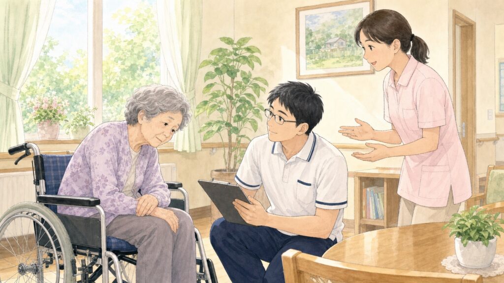 車椅子で姿勢が崩れている入居者様を確認するリハビリ職と施設スタッフ