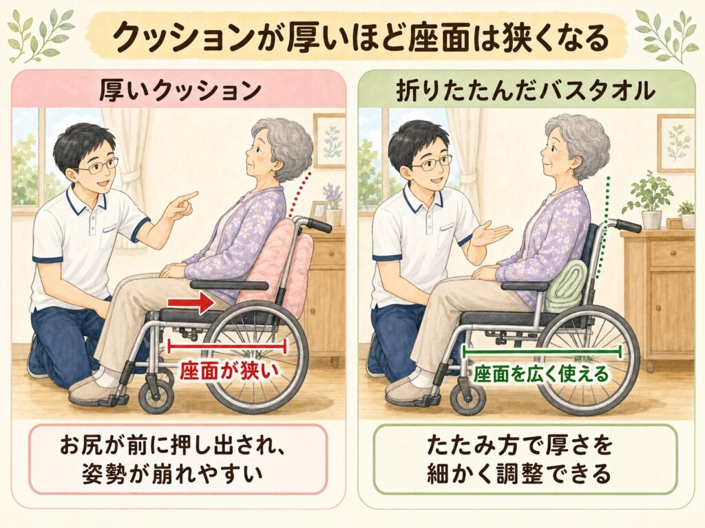 厚いクッションと折りたたんだバスタオルで座面の広さを比べた図