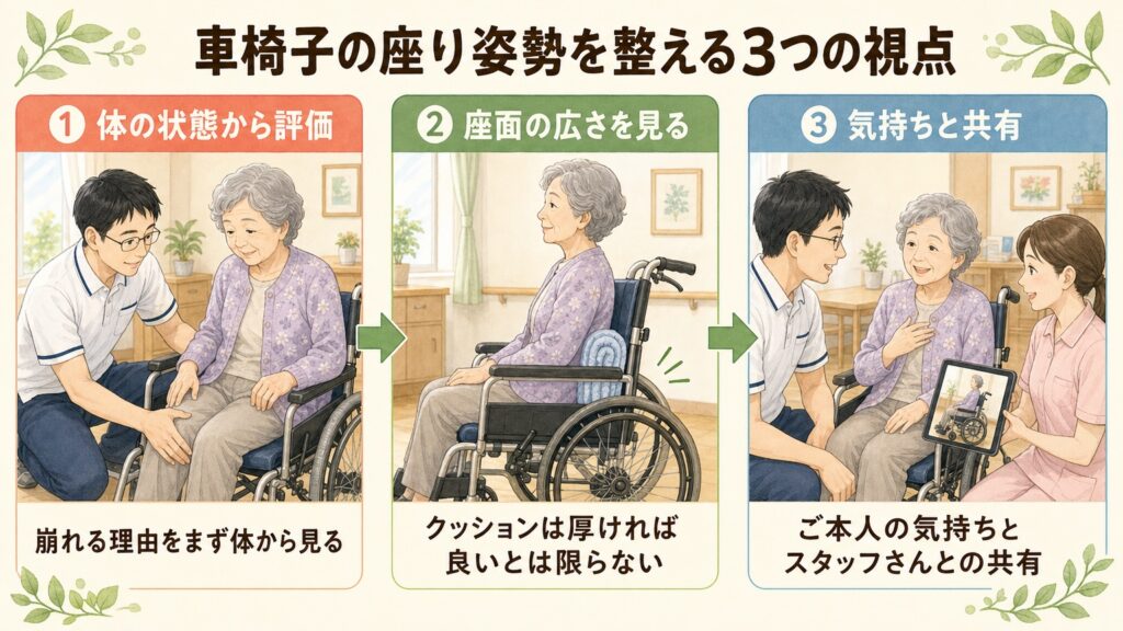 車椅子の座り姿勢を整える3つの視点